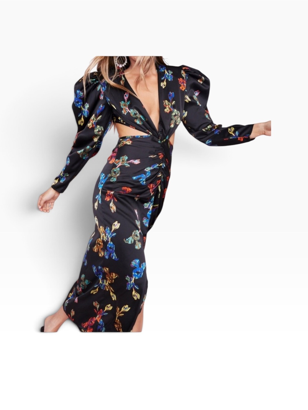 Nasty Gal Black Long-Sleeve Twist-Front Maxi Dress with Multicolor Floral Print